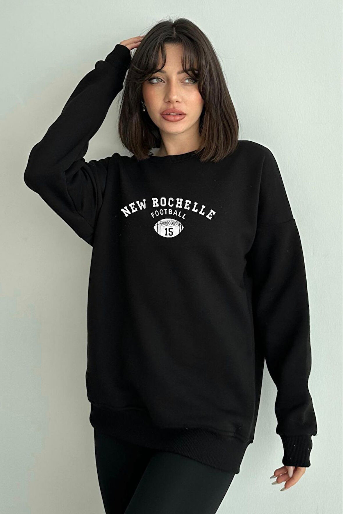 Kadın Siyah New Rochelle Baskılı Oversize Bisiklet Yaka Sweatshirt