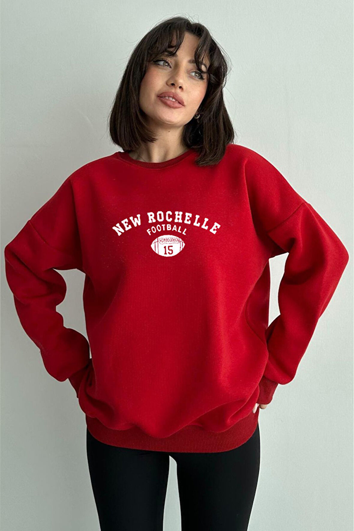 Kadın Kırmızı New Rochelle Baskılı Oversize Bisiklet Yaka Sweatshirt