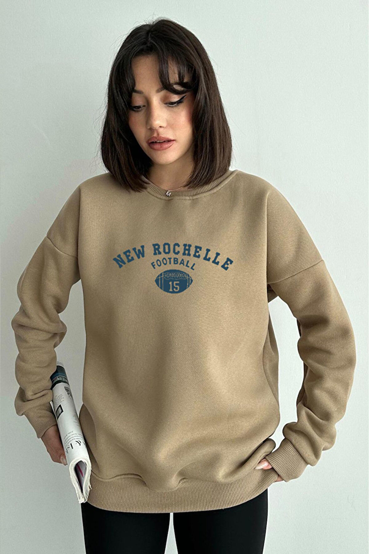 Kadın Vizon New Rochelle Baskılı Oversize Bisiklet Yaka Sweatshirt