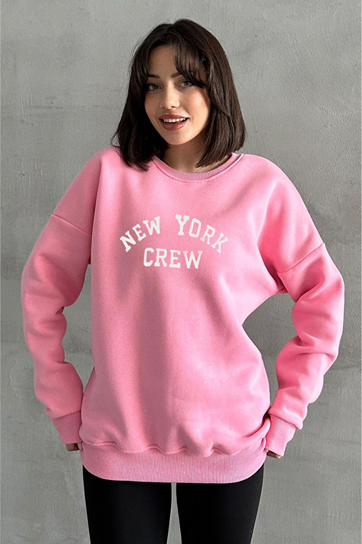 Kadın Pembe New York Crew Baskılı Oversize Bisiklet Yaka Sweatshirt