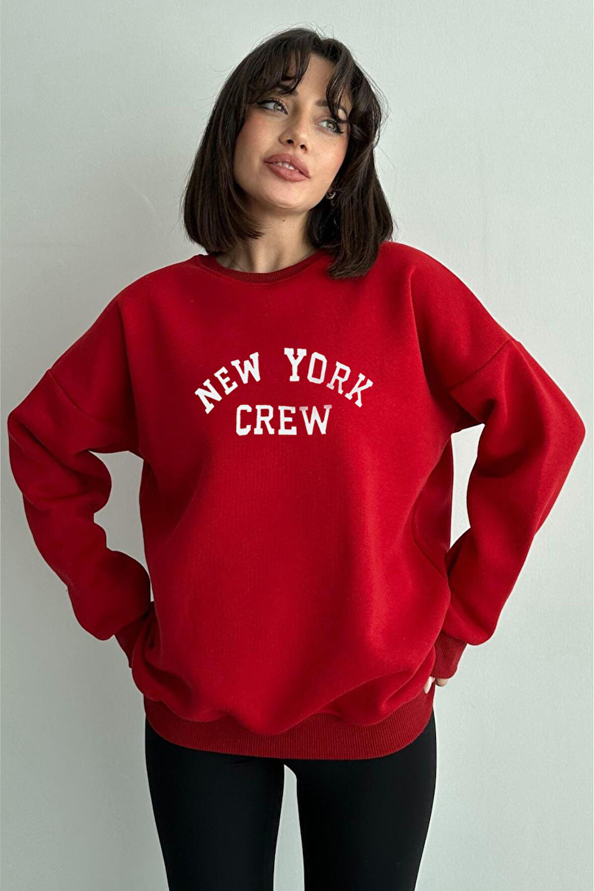 Kadın Kırmızı New York Crew Baskılı Oversize Bisiklet Yaka Sweatshirt