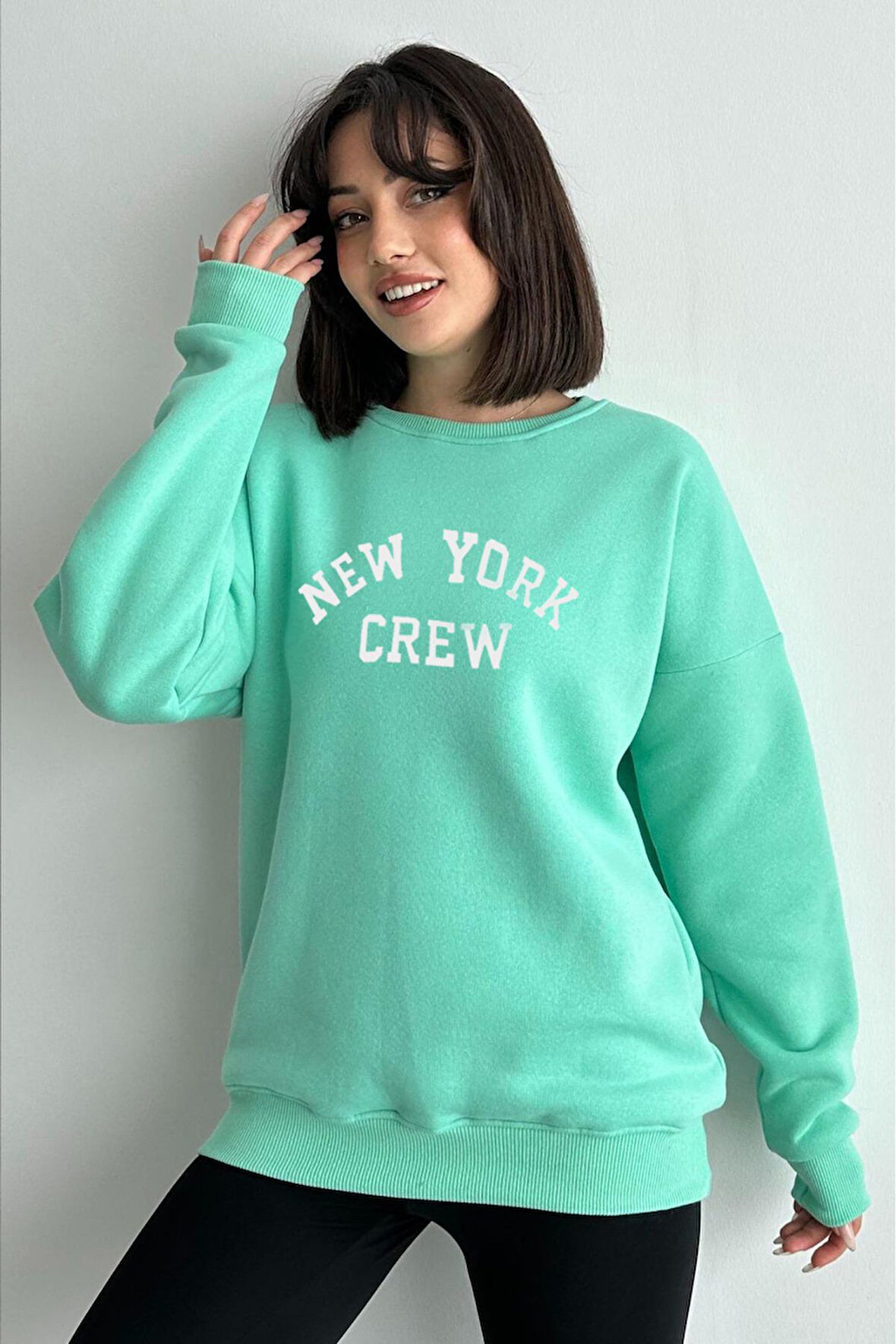 Kadın Mint Yeşili New York Crew Baskılı Oversize Bisiklet Yaka Sweatshirt