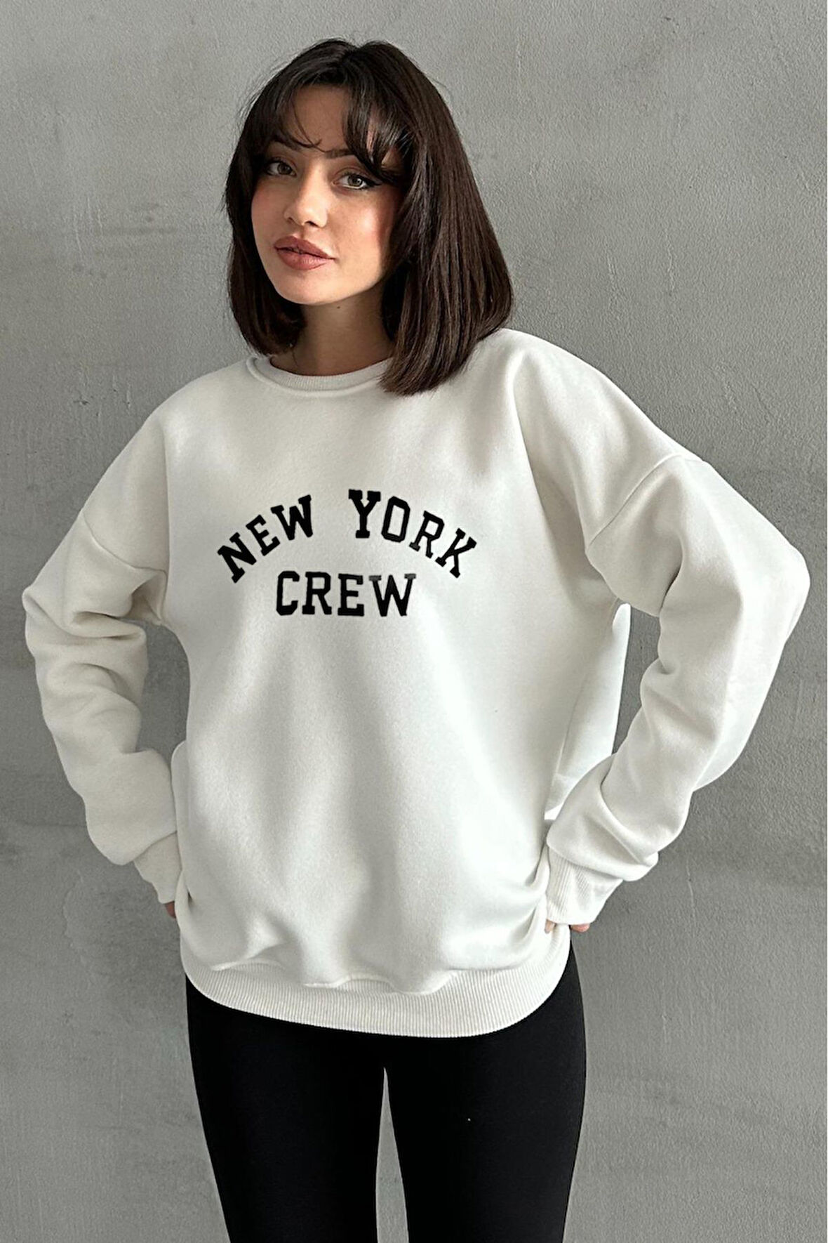 Kadın New York Crew Baskılı Oversize Bisiklet Yaka Sweatshirt