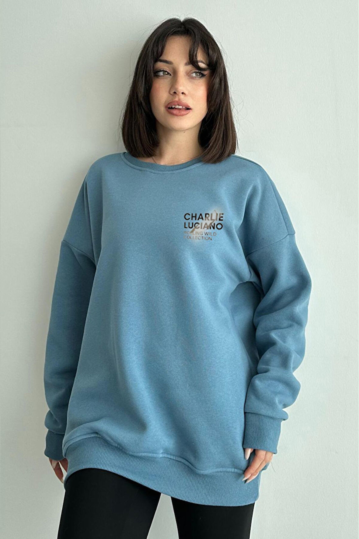 Kadın Mavi Charlie Luciano Baskılı Oversize Bisiklet Yaka Sweatshirt