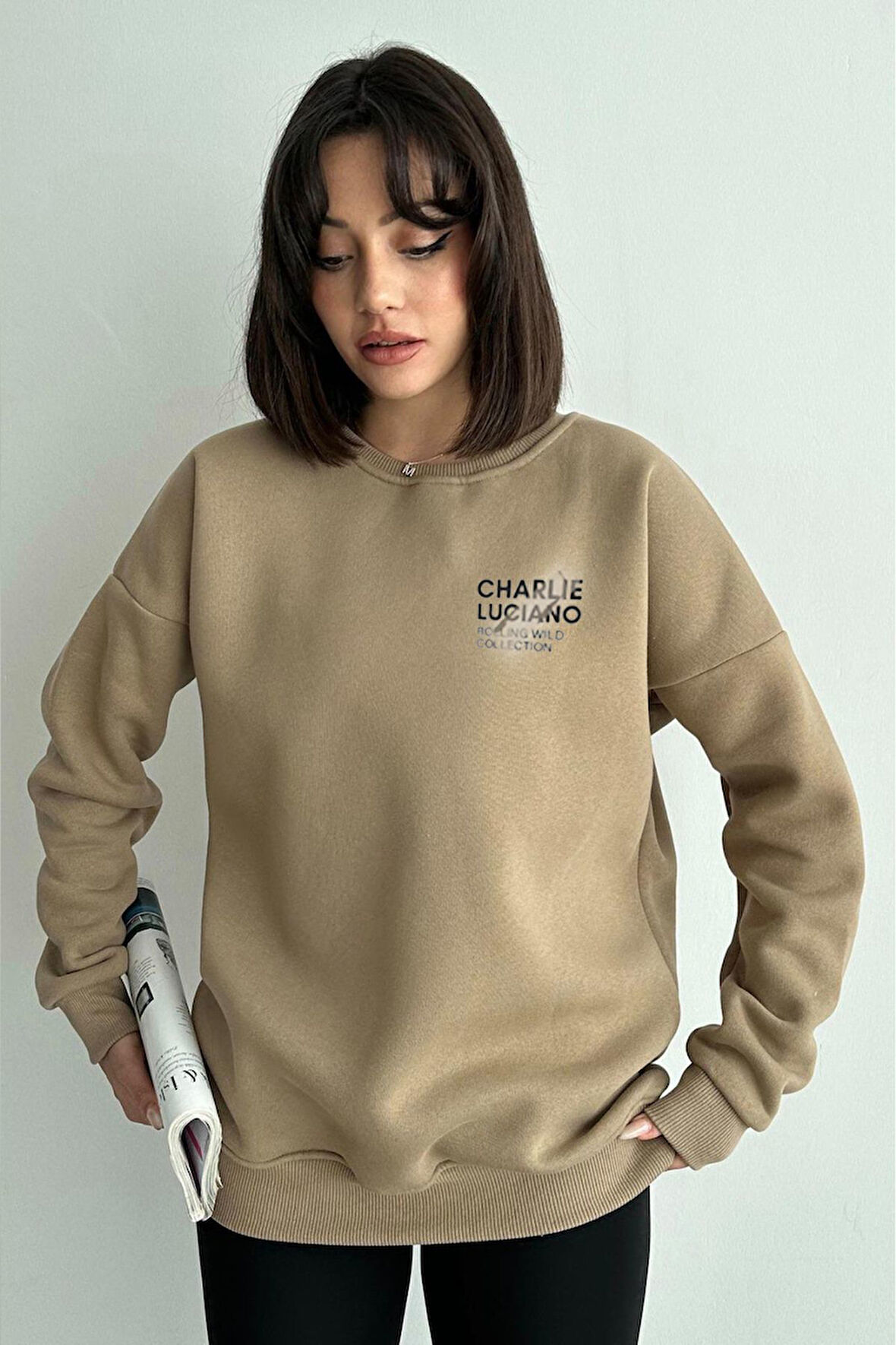 Kadın Vizon Charlie Luciano Baskılı Oversize Bisiklet Yaka Sweatshirt