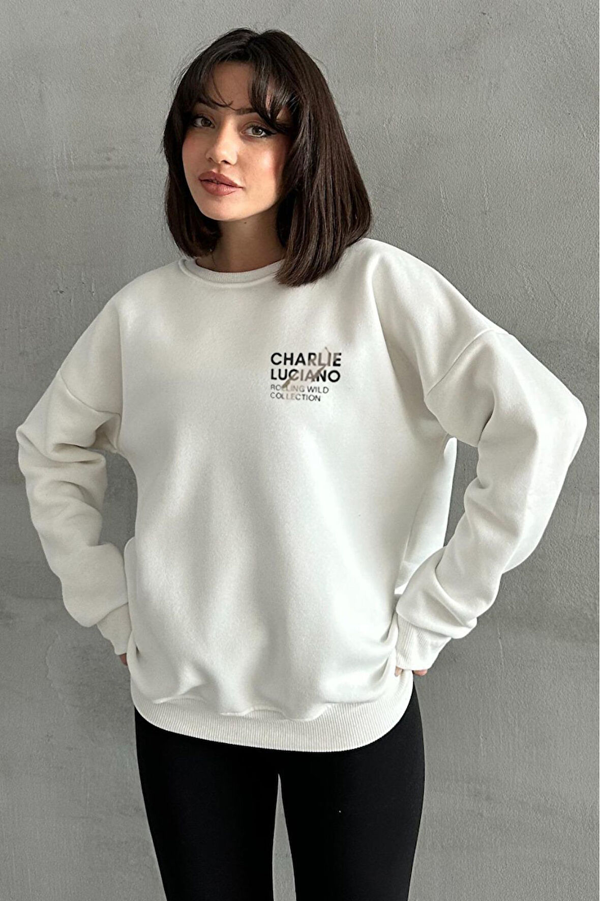 Kadın Krem Charlie Luciano Baskılı Oversize Bisiklet Yaka Sweatshirt