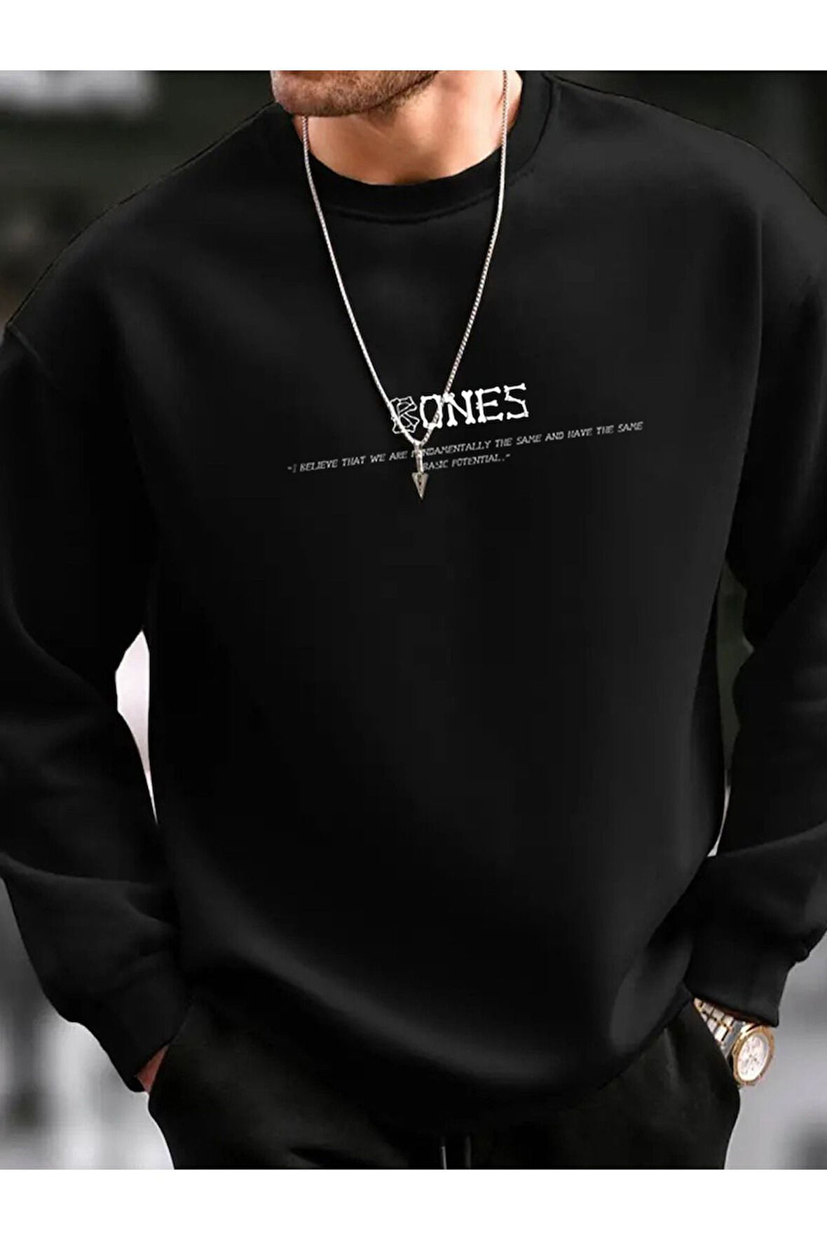 Erkek Siyah Bones Baskılı Bisiklet Yaka Oversize Sweatshirt