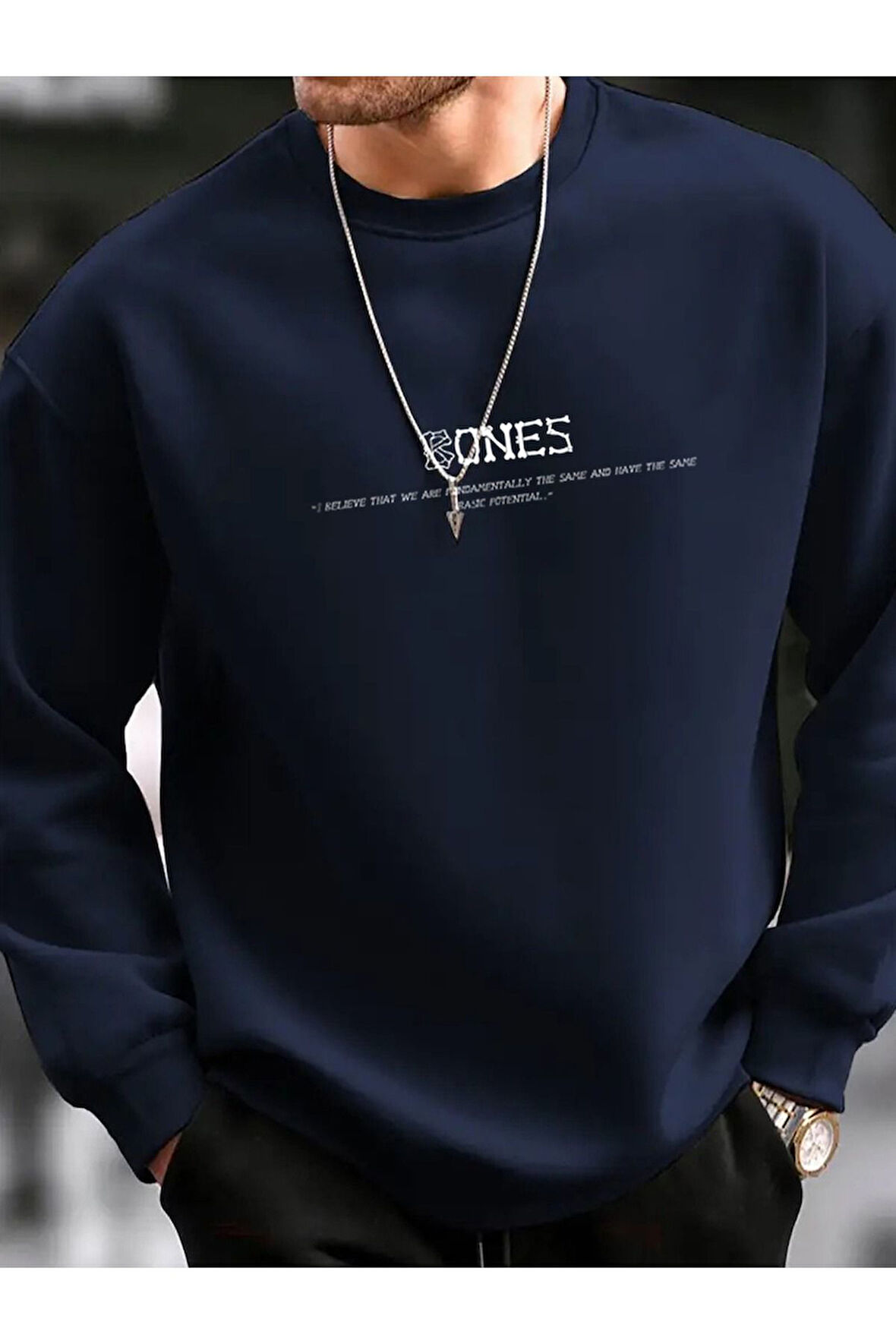 Erkek Lacivert Bones Baskılı Bisiklet Yaka Oversize Sweatshirt