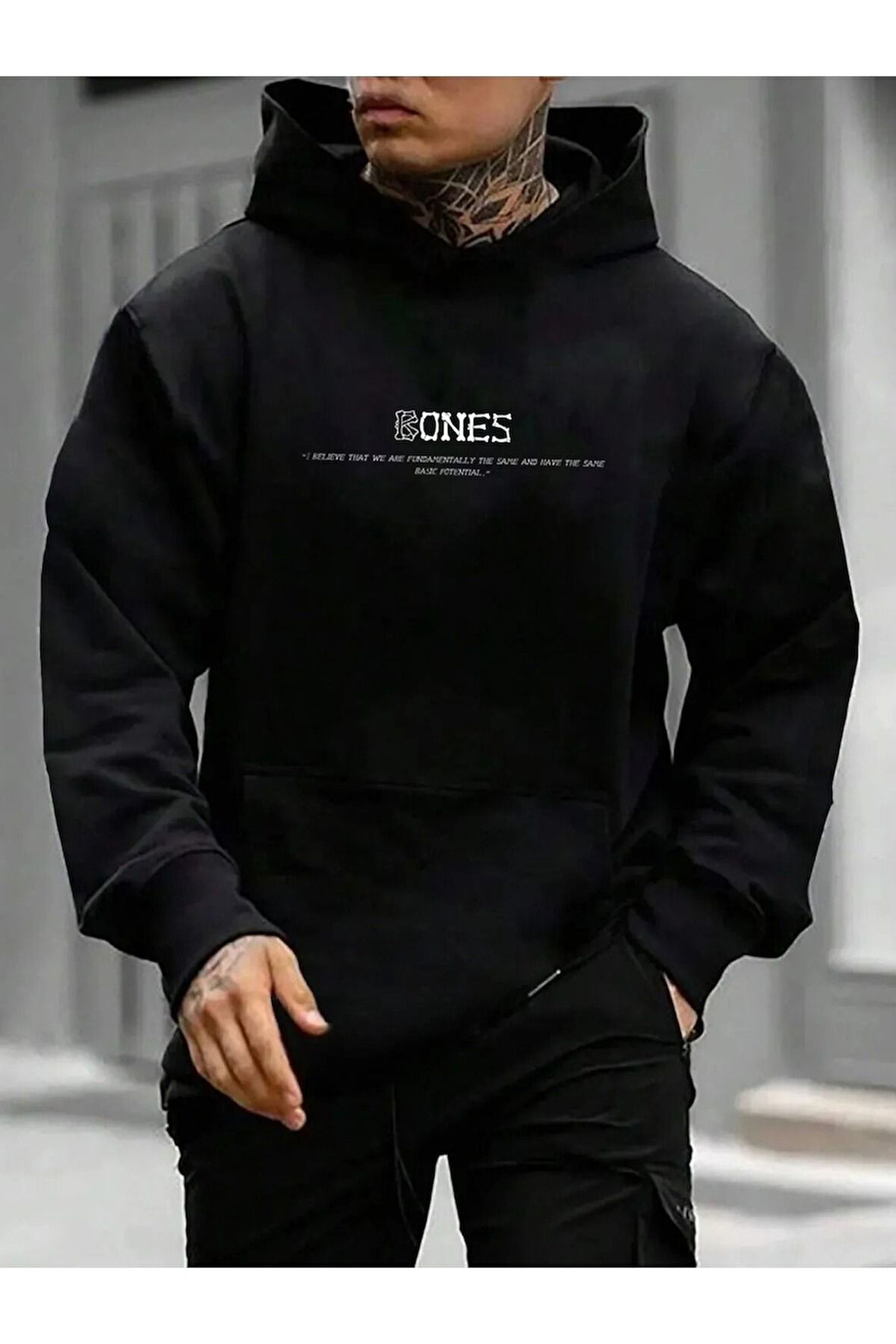 Erkek Beyaz Bones Baskılı Kapüşonlu Oversize Sweatshirt