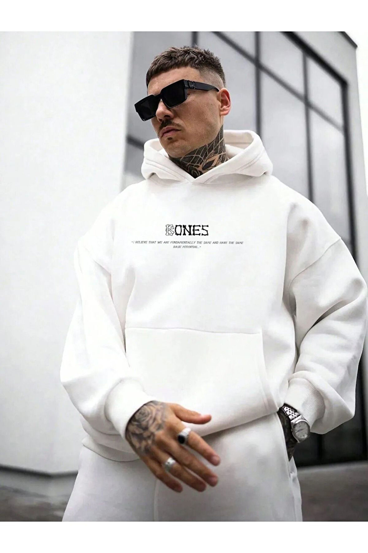 Erkek Bones Baskılı Kapüşonlu Oversize Sweatshirt