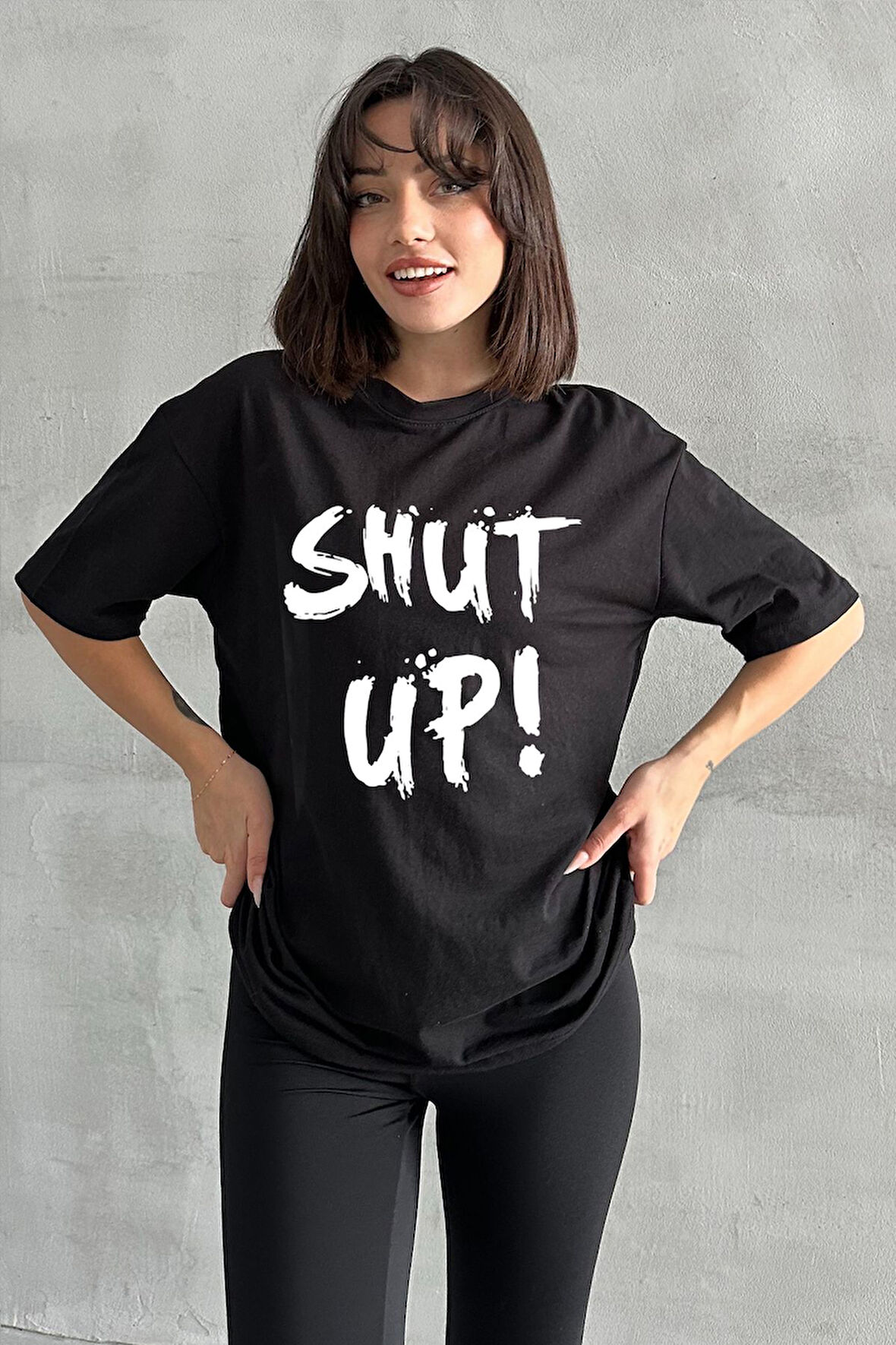 Kadın Shut Up Baskılı Bisiklet Yaka Oversize T-Shirt