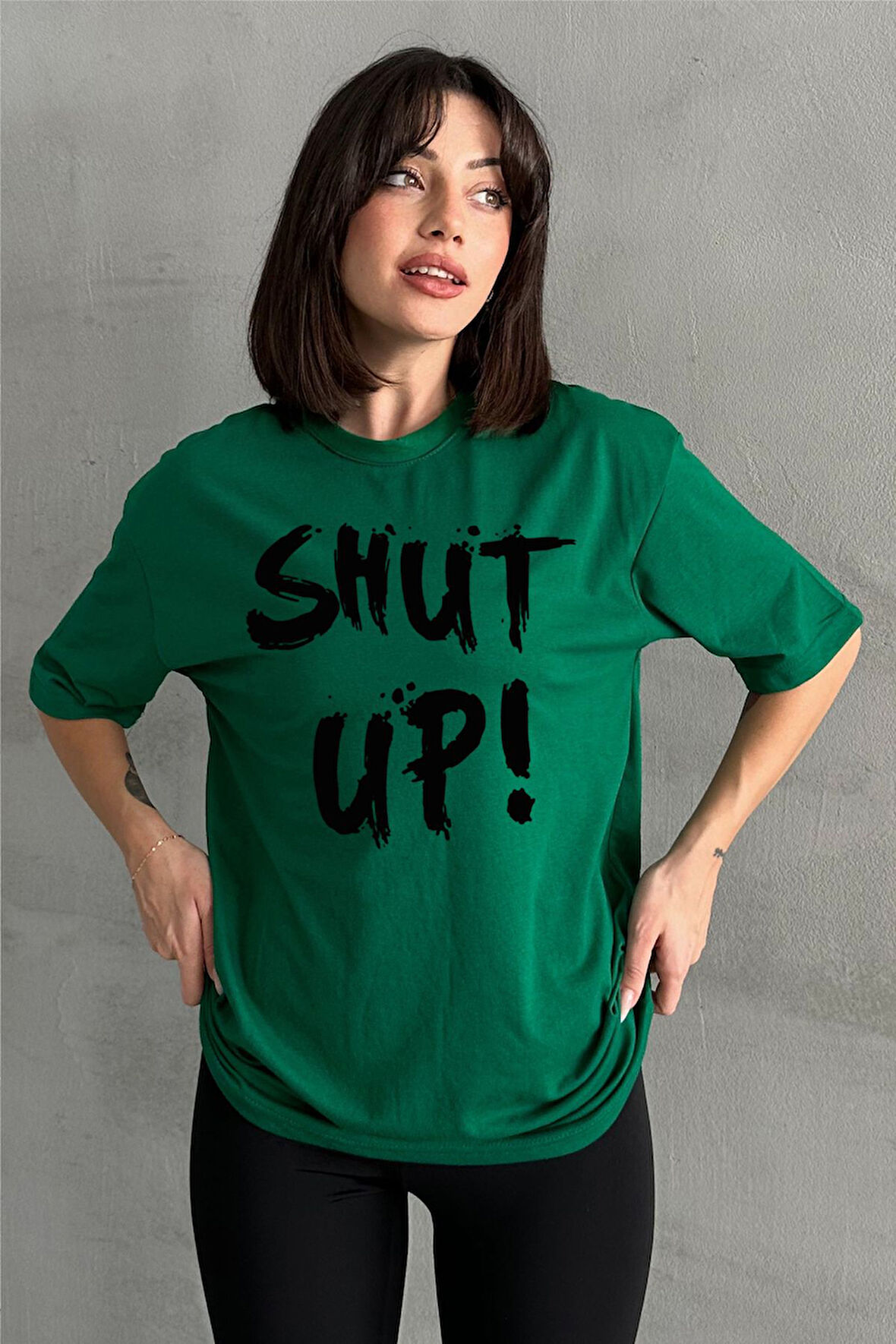 Kadın Shut Up Baskılı Bisiklet Yaka Oversize T-Shirt