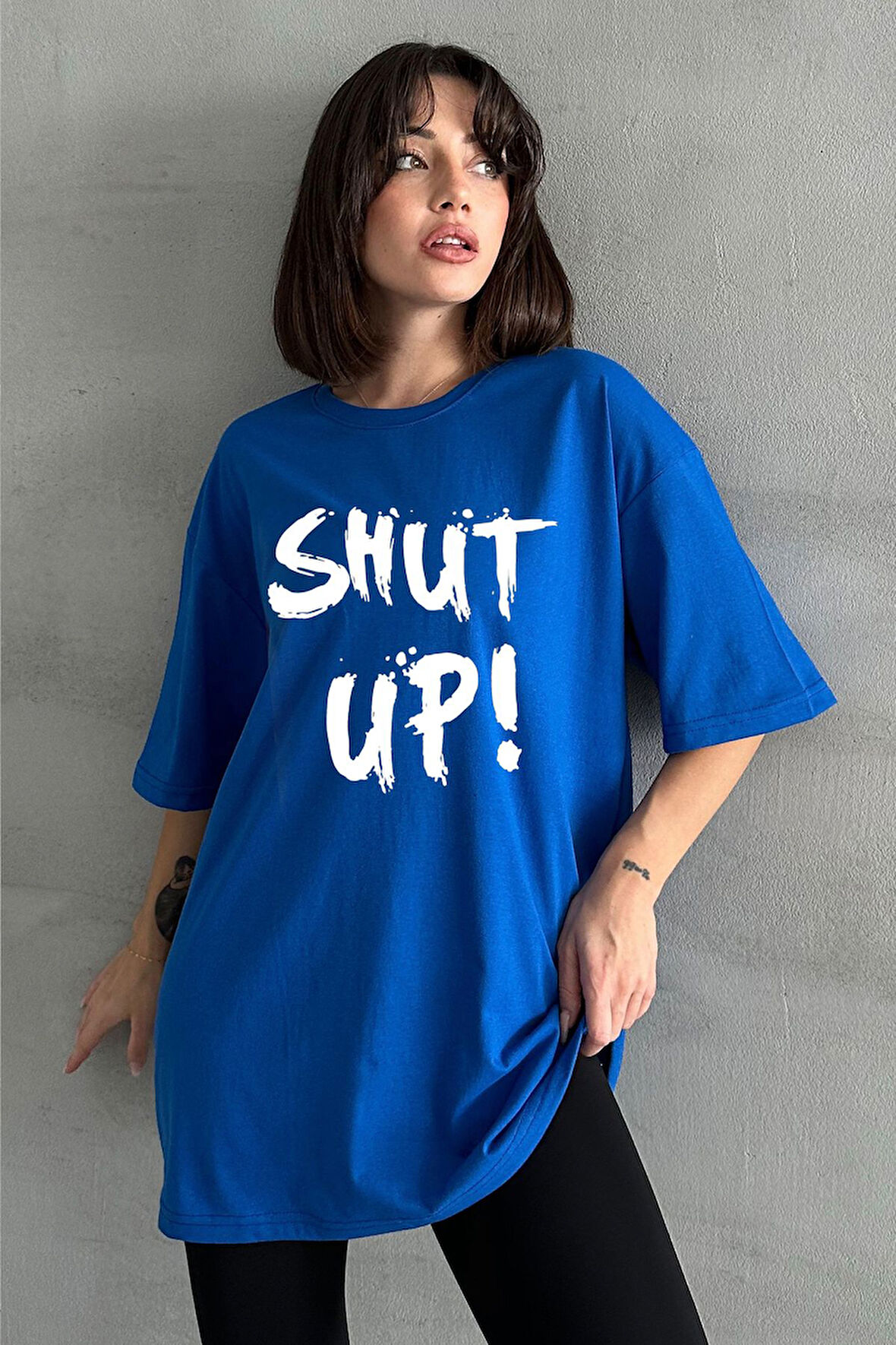 Kadın Shut Up Baskılı Bisiklet Yaka Oversize T-Shirt