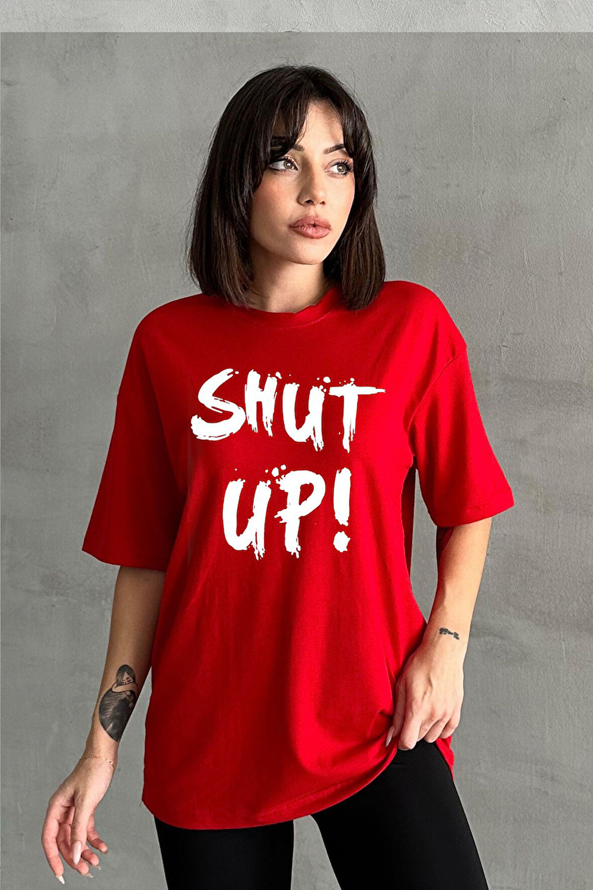 Kadın Shut Up Baskılı Bisiklet Yaka Oversize T-Shirt
