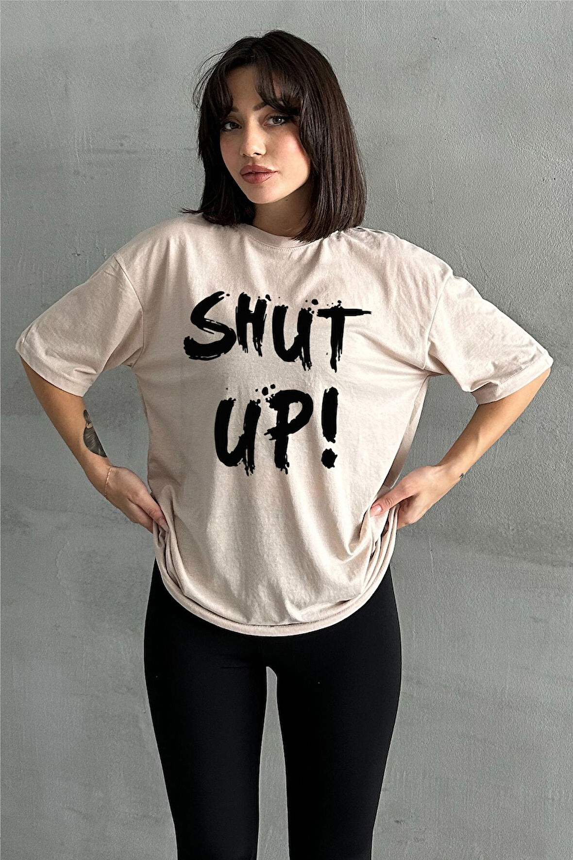 Kadın Shut Up Baskılı Bisiklet Yaka Oversize T-Shirt