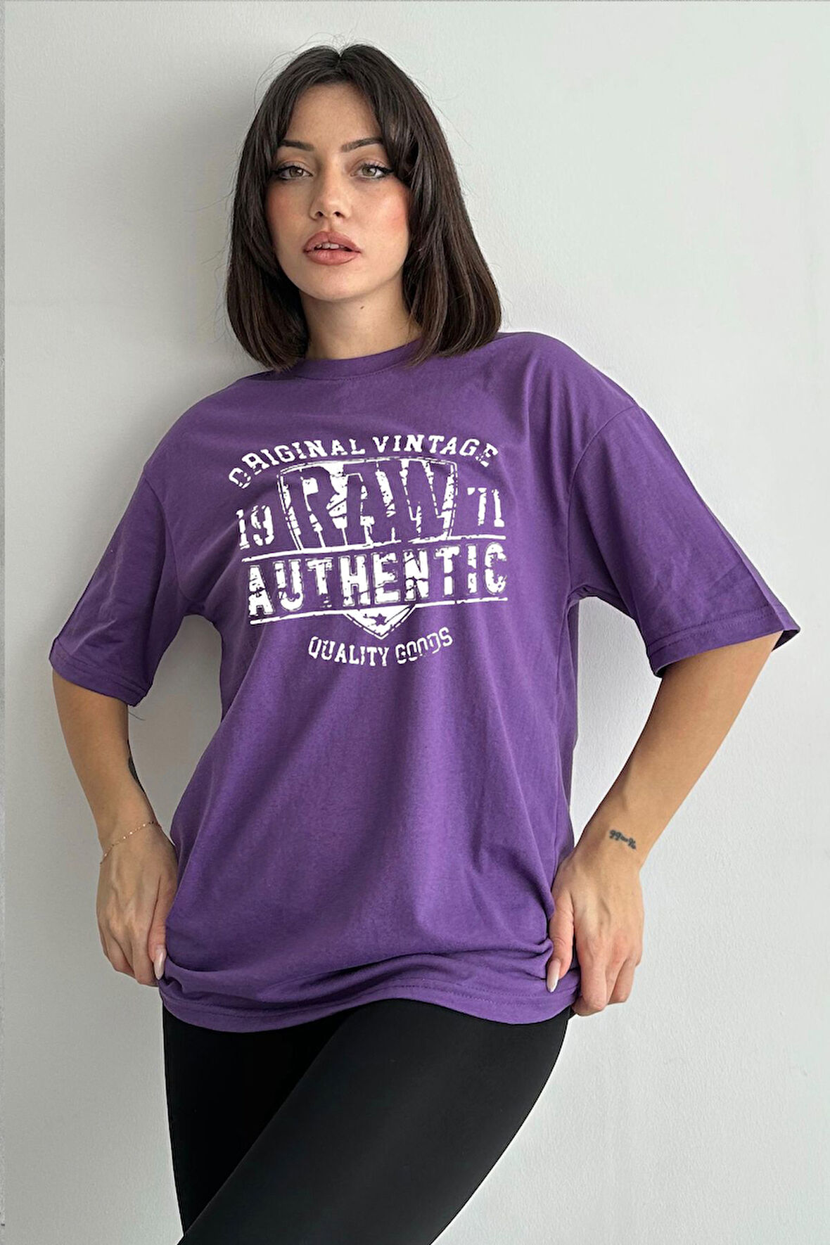 Kadın Raw Authentic Baskılı Bisiklet Yaka Oversize T-Shirt