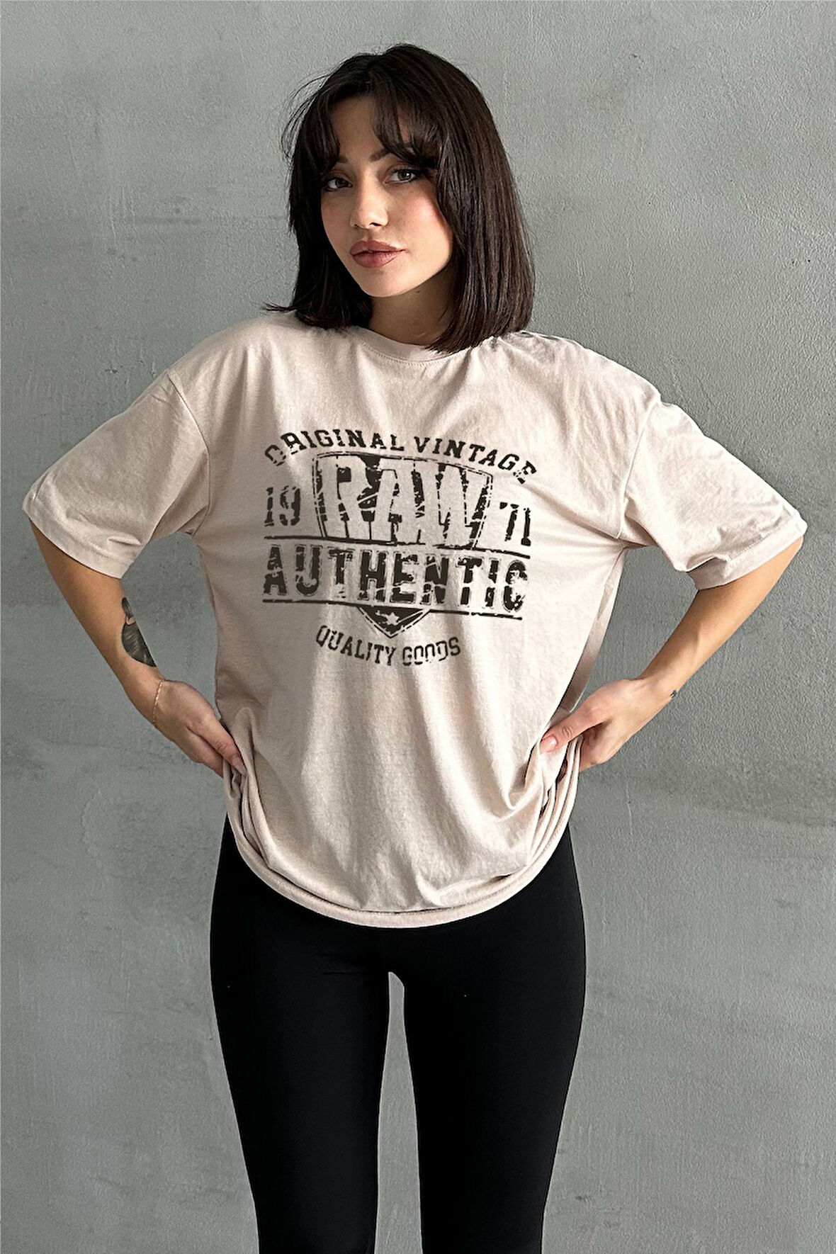 Kadın Raw Authentic Baskılı Bisiklet Yaka Oversize T-Shirt