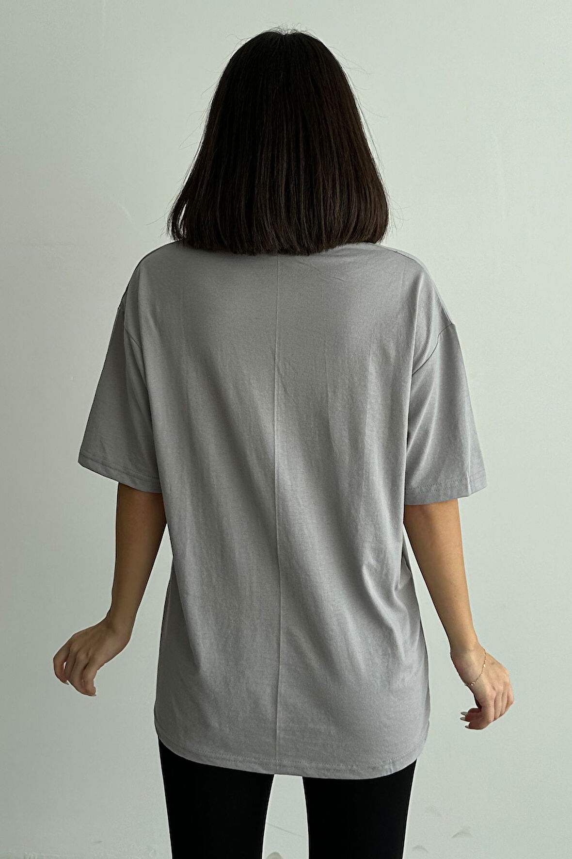 Kadın Papllion Kelebek Baskılı Bisiklet Yaka Oversize T-Shirt