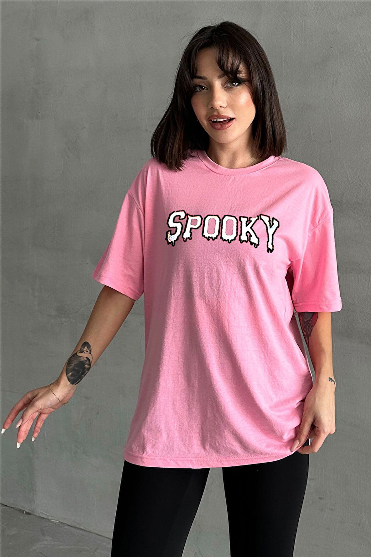 Kadın Spooky Baskılı Bisiklet Yaka Oversize T-Shirt
