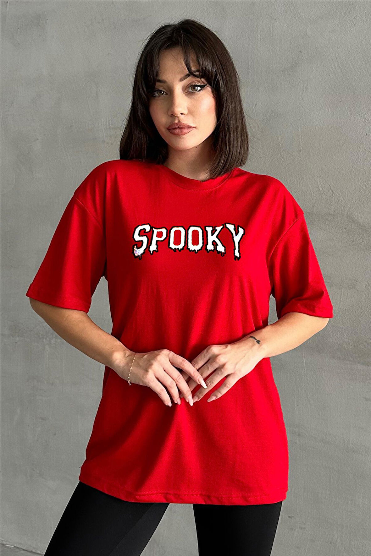 Kadın Spooky Baskılı Bisiklet Yaka Oversize T-Shirt