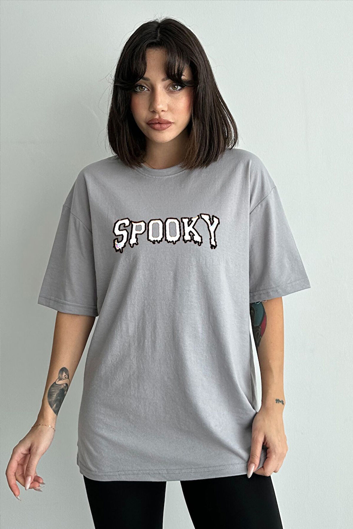 Kadın Spooky Baskılı Bisiklet Yaka Oversize T-Shirt