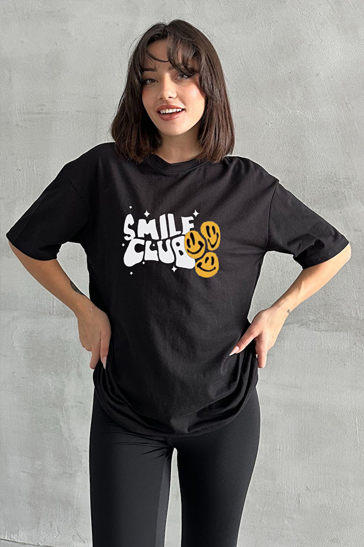 Kadın Smile Club Baskılı Bisiklet Yaka Oversize T-Shirt