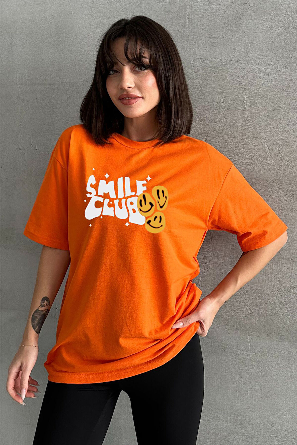 Kadın Smile Club Baskılı Bisiklet Yaka Oversize T-Shirt