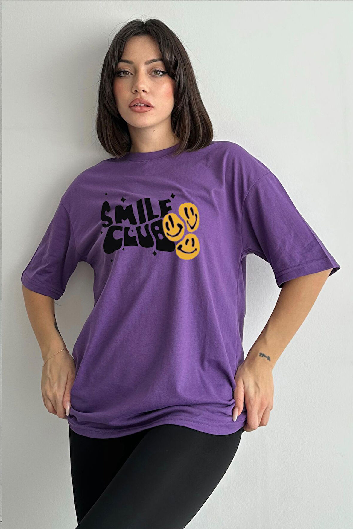 Kadın Smile Club Baskılı Bisiklet Yaka Oversize T-Shirt