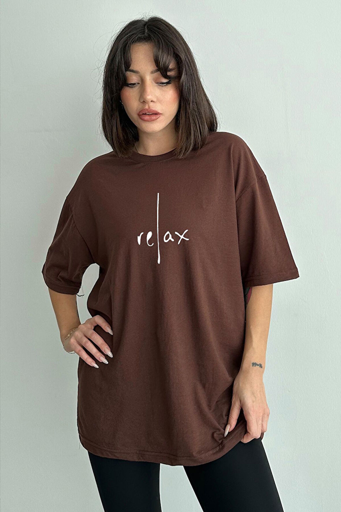 Kadın Relax Baskılı Bisiklet Yaka Oversize T-Shirt