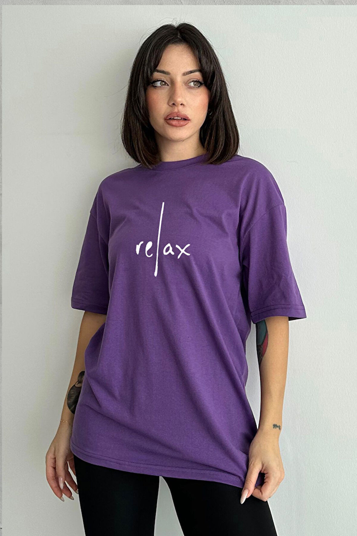 Kadın Relax Baskılı Bisiklet Yaka Oversize T-Shirt