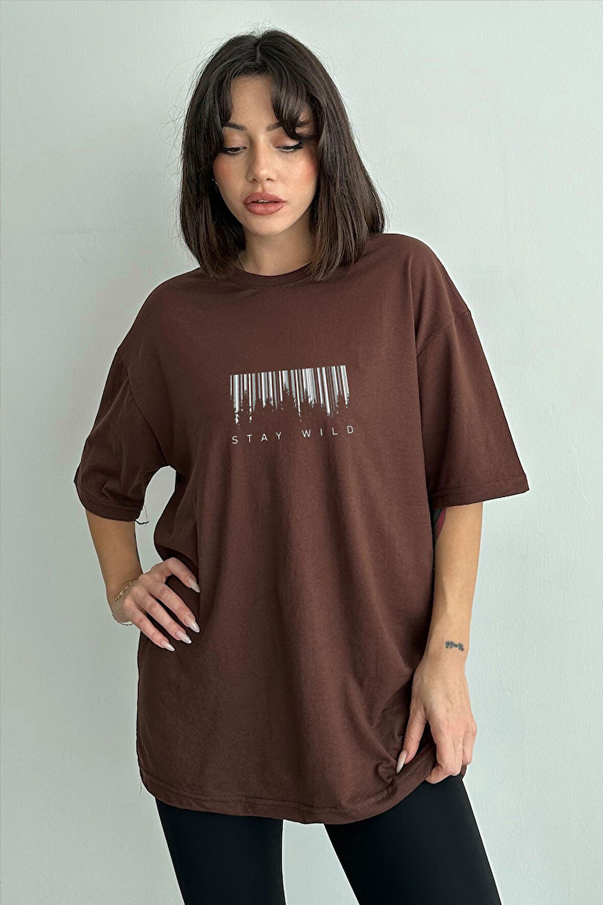 Kadın Stay Wild Baskılı Bisiklet Yaka Oversize T-Shirt