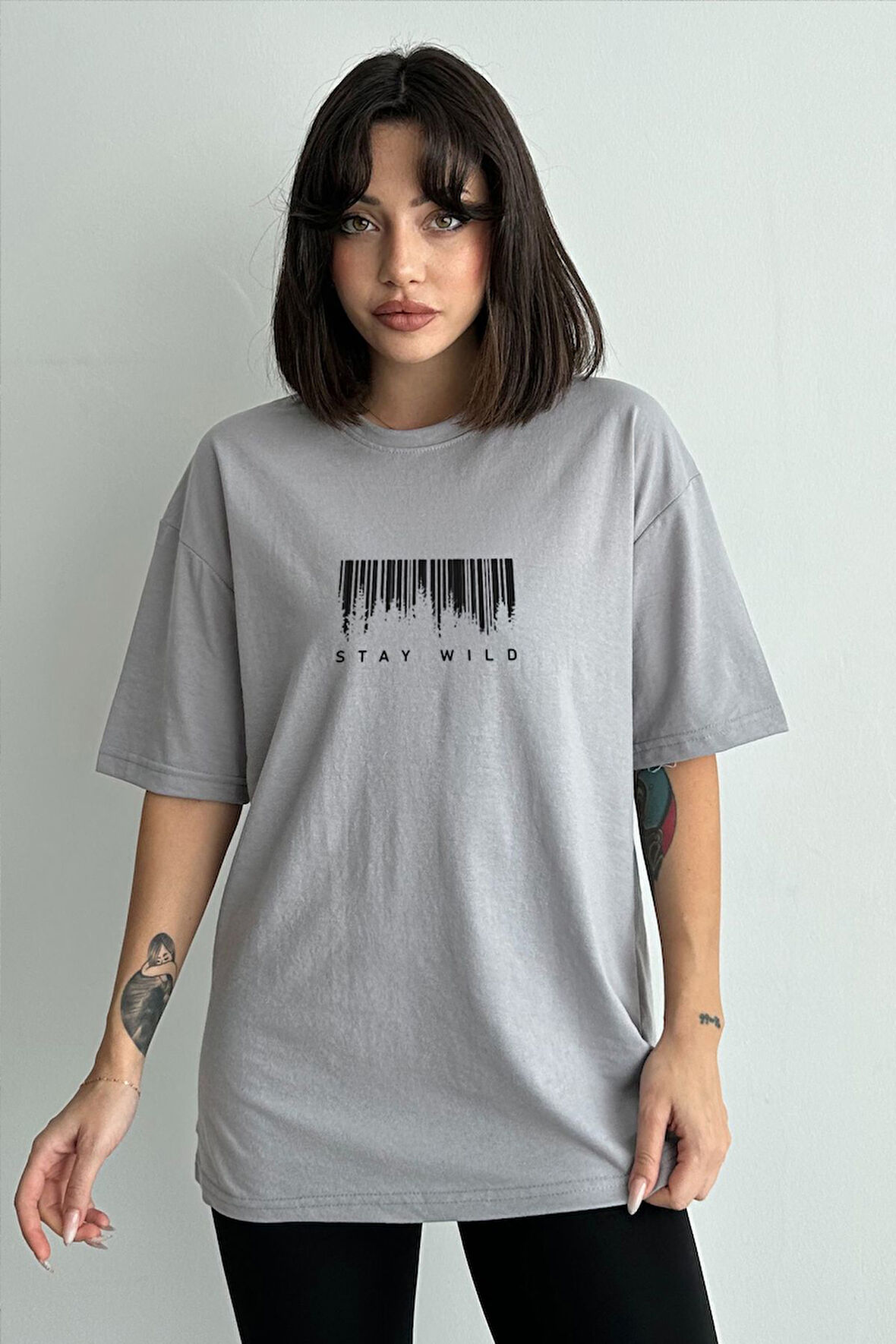 Kadın Stay Wild Baskılı Bisiklet Yaka Oversize T-Shirt