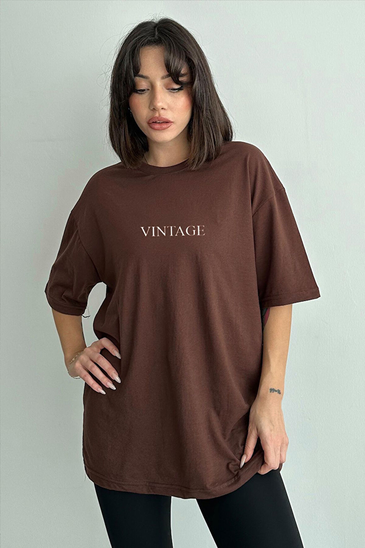 Kadın Vintage Baskılı Bisiklet Yaka Oversize T-Shirt