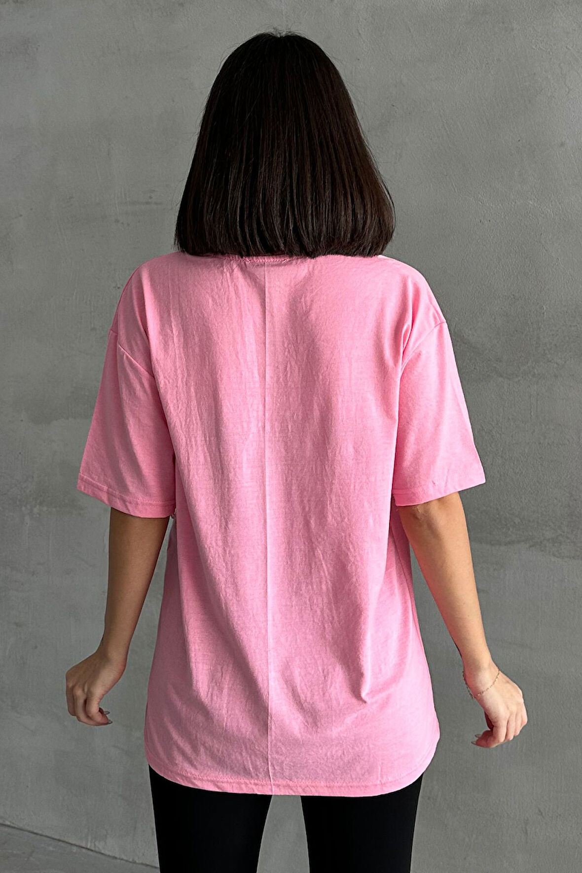 Kadın Vintage Baskılı Bisiklet Yaka Oversize T-Shirt