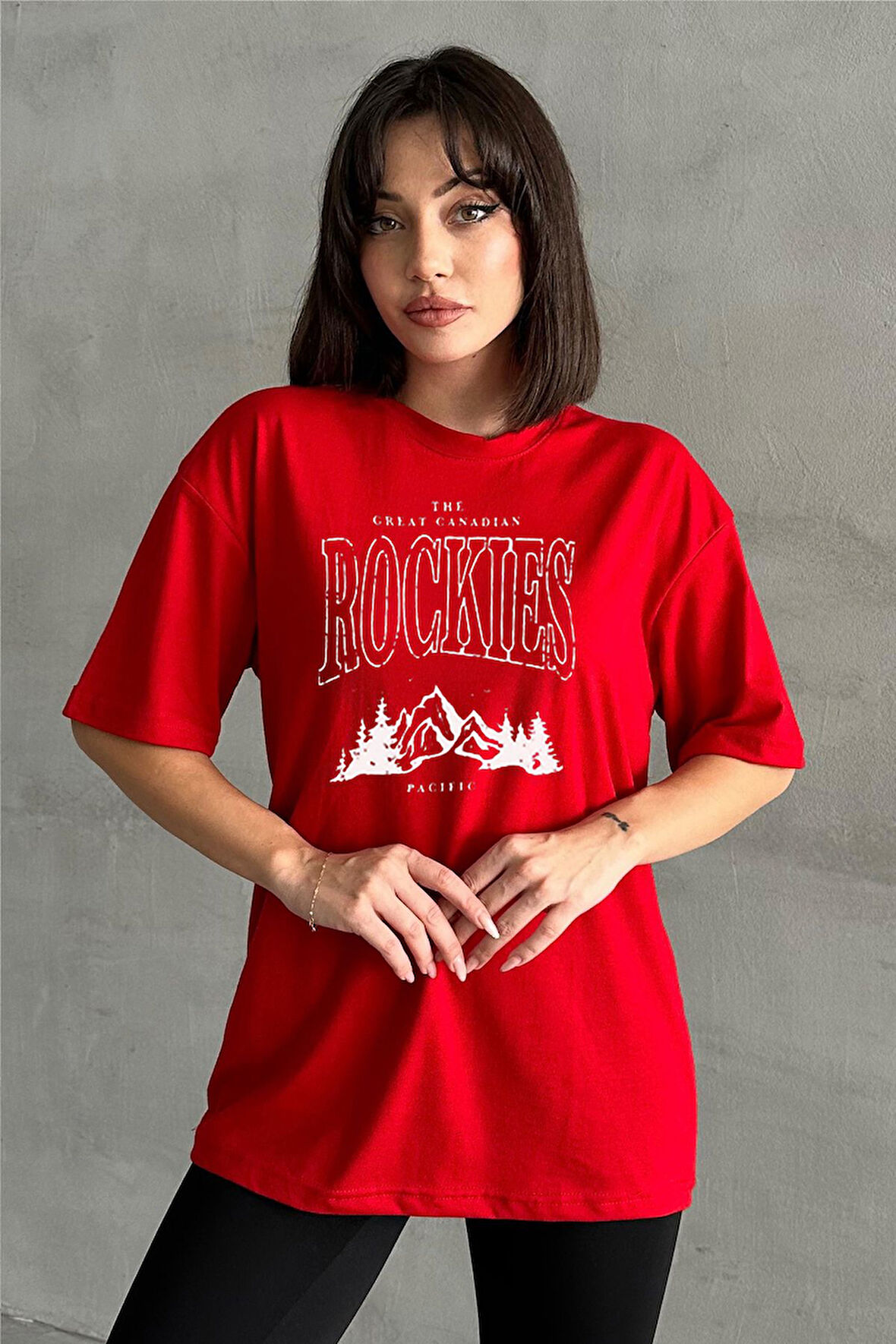 Kadın Rockies Baskılı Bisiklet Yaka Oversize T-Shirt