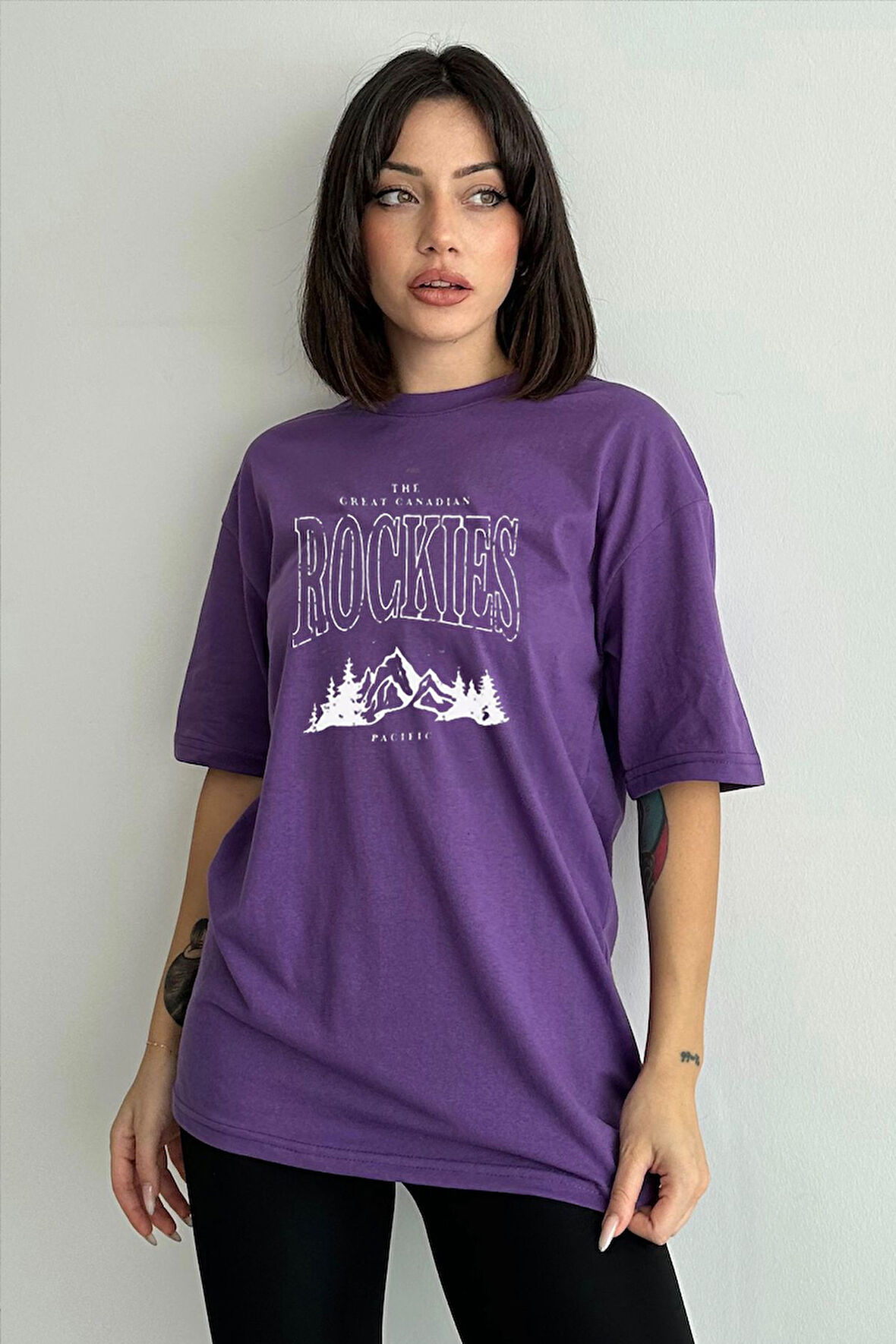 Kadın Rockies Baskılı Bisiklet Yaka Oversize T-Shirt