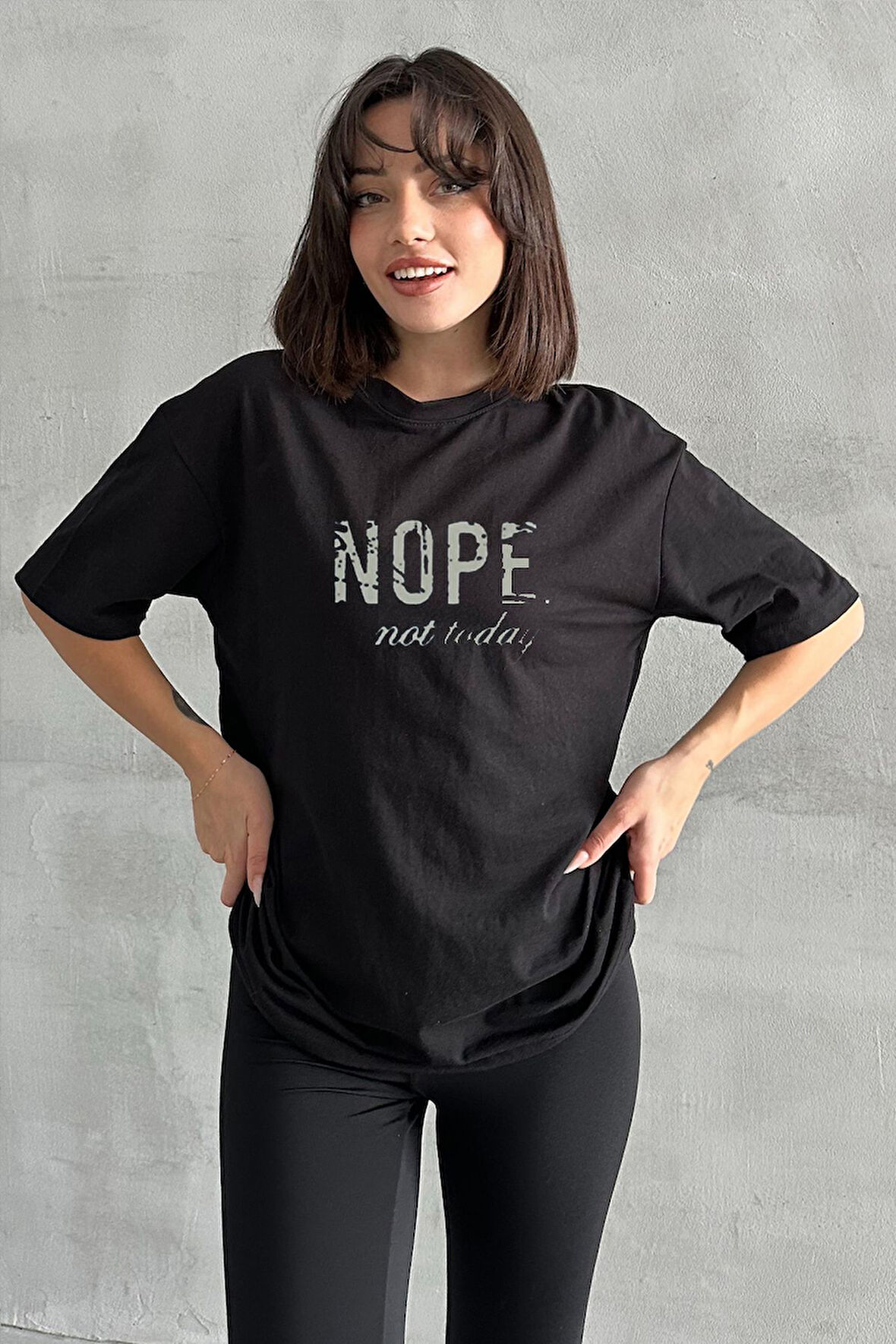 Kadın Nope Baskılı Bisiklet Yaka Oversize T-Shirt