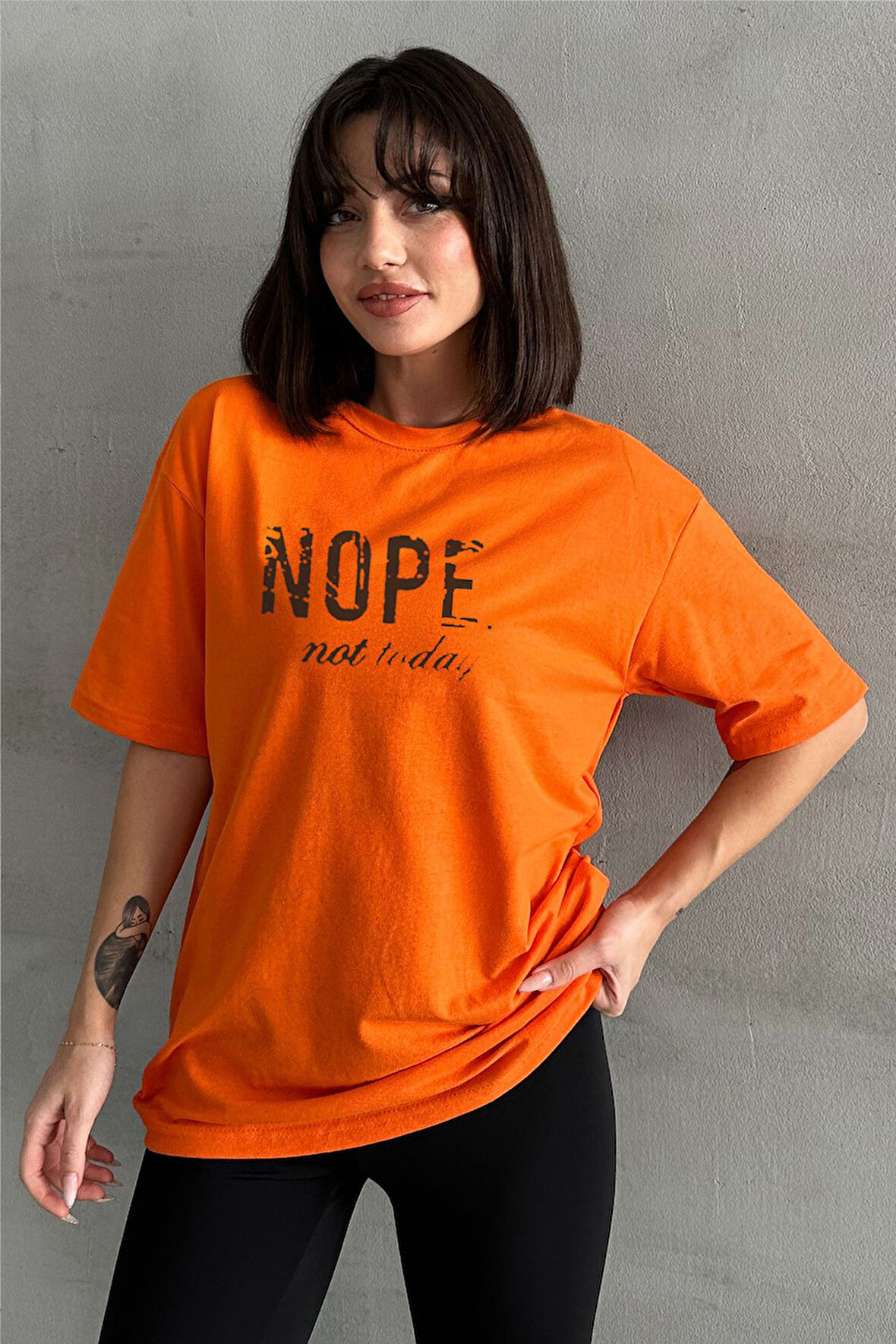 Kadın Nope Baskılı Bisiklet Yaka Oversize T-Shirt