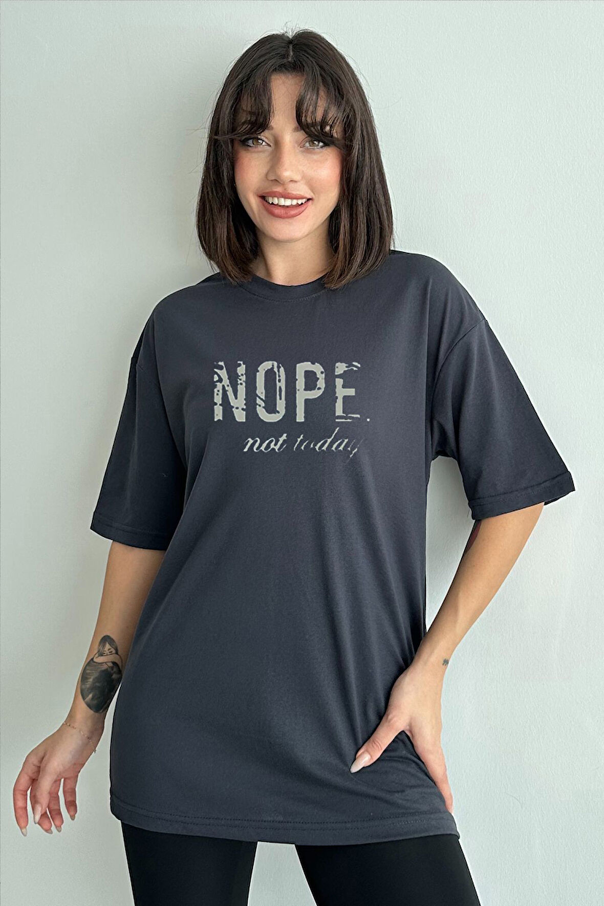 Kadın Nope Baskılı Bisiklet Yaka Oversize T-Shirt