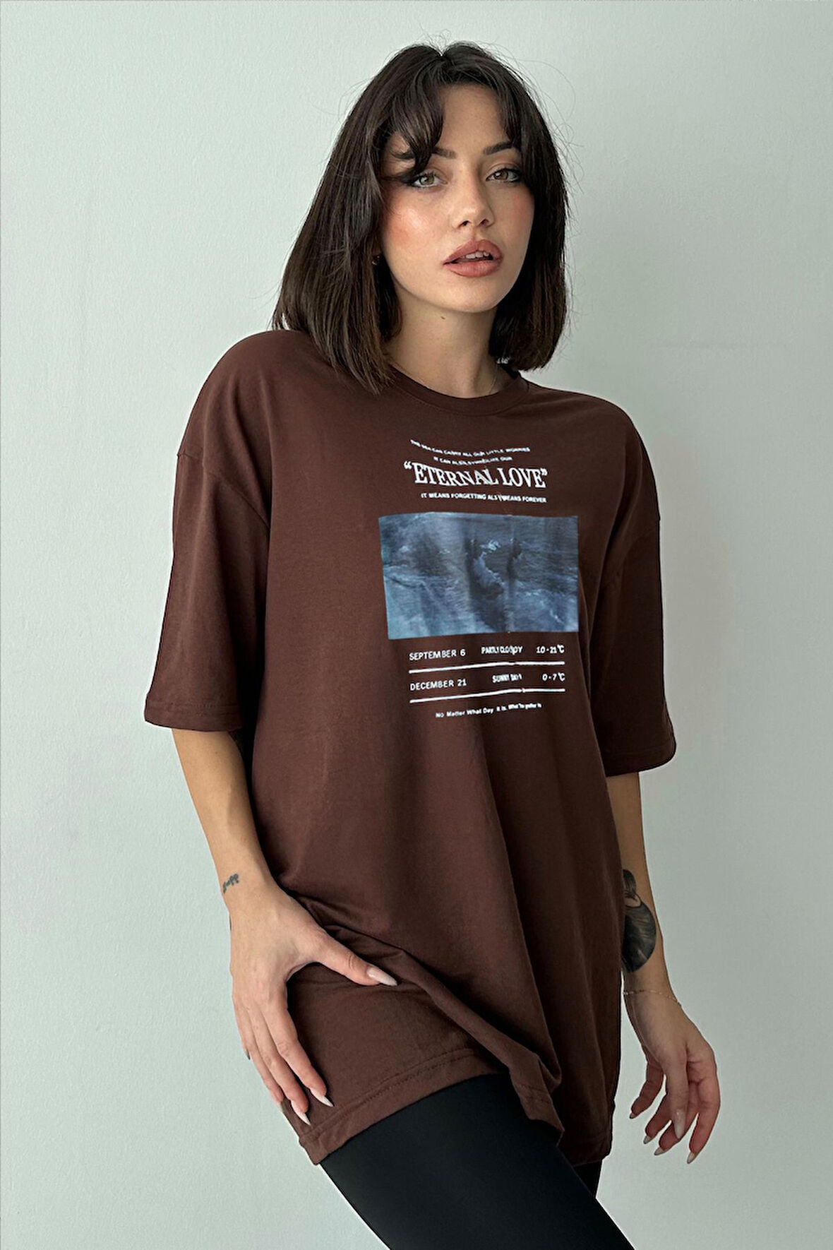 Kadın Eternal Love Baskılı Bisiklet Yaka Oversize T-Shirt