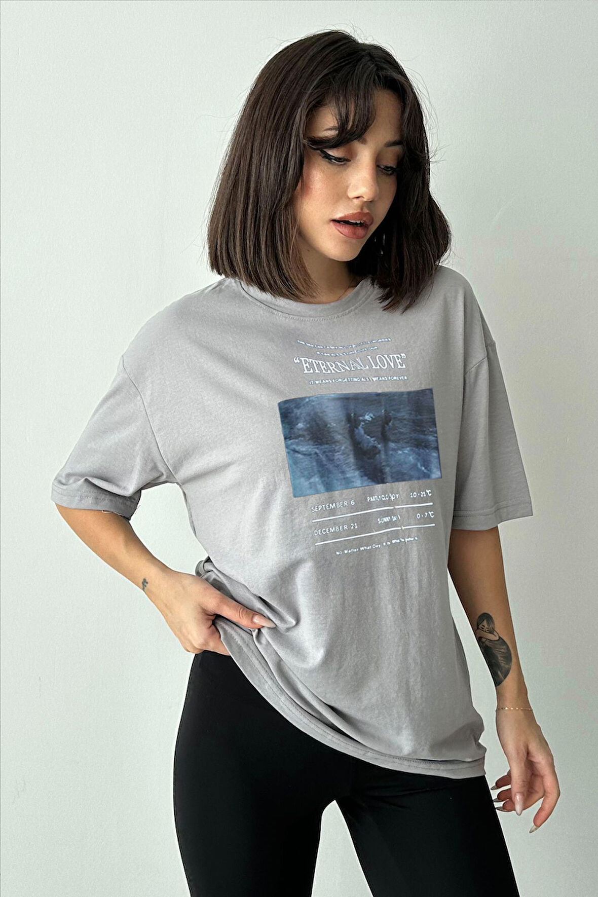 Kadın Eternal Love Baskılı Bisiklet Yaka Oversize T-Shirt