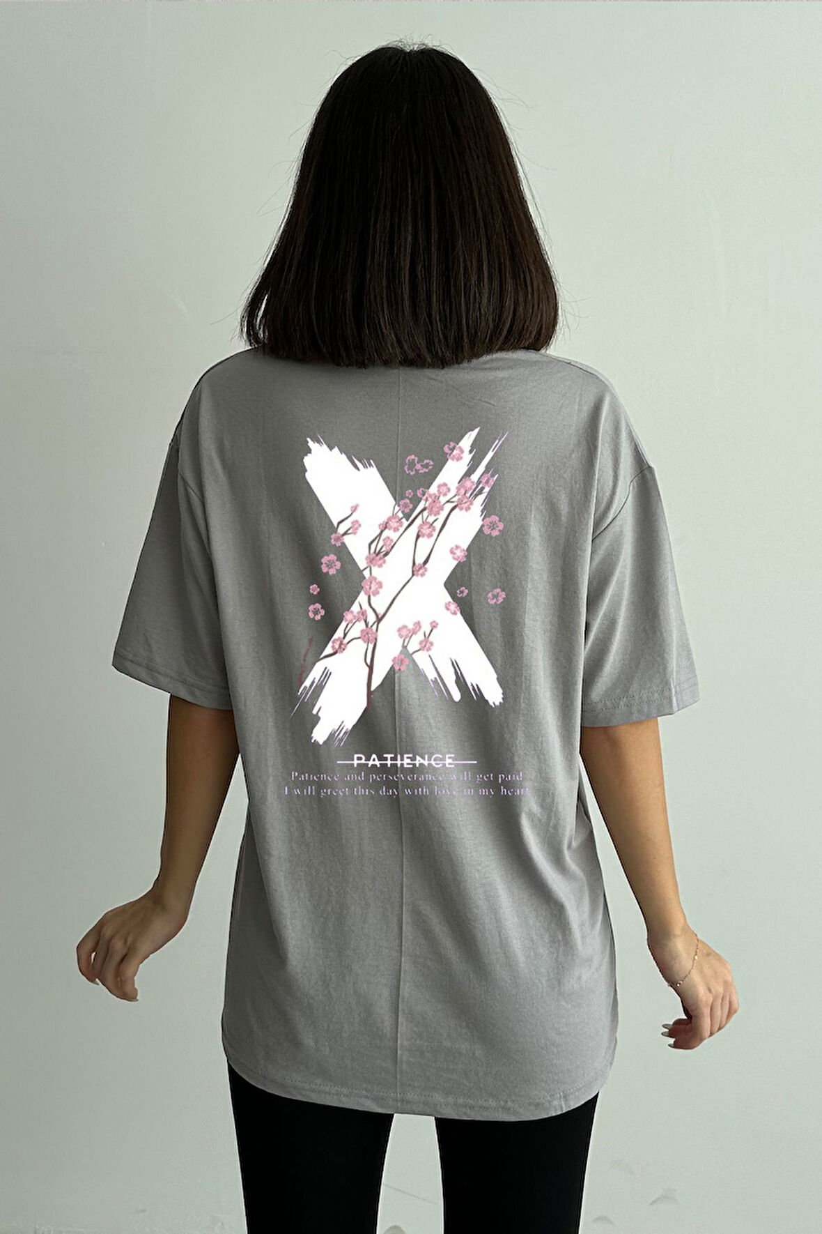 Kadın X Patience Baskılı Bisiklet Yaka Oversize T-Shirt