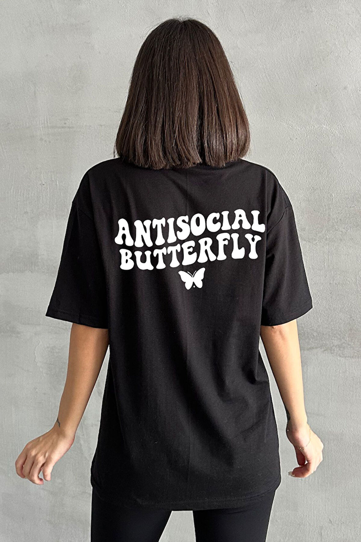 Kadın Antisocial Butterfly Baskılı Bisiklet Yaka Oversize T-Shirt