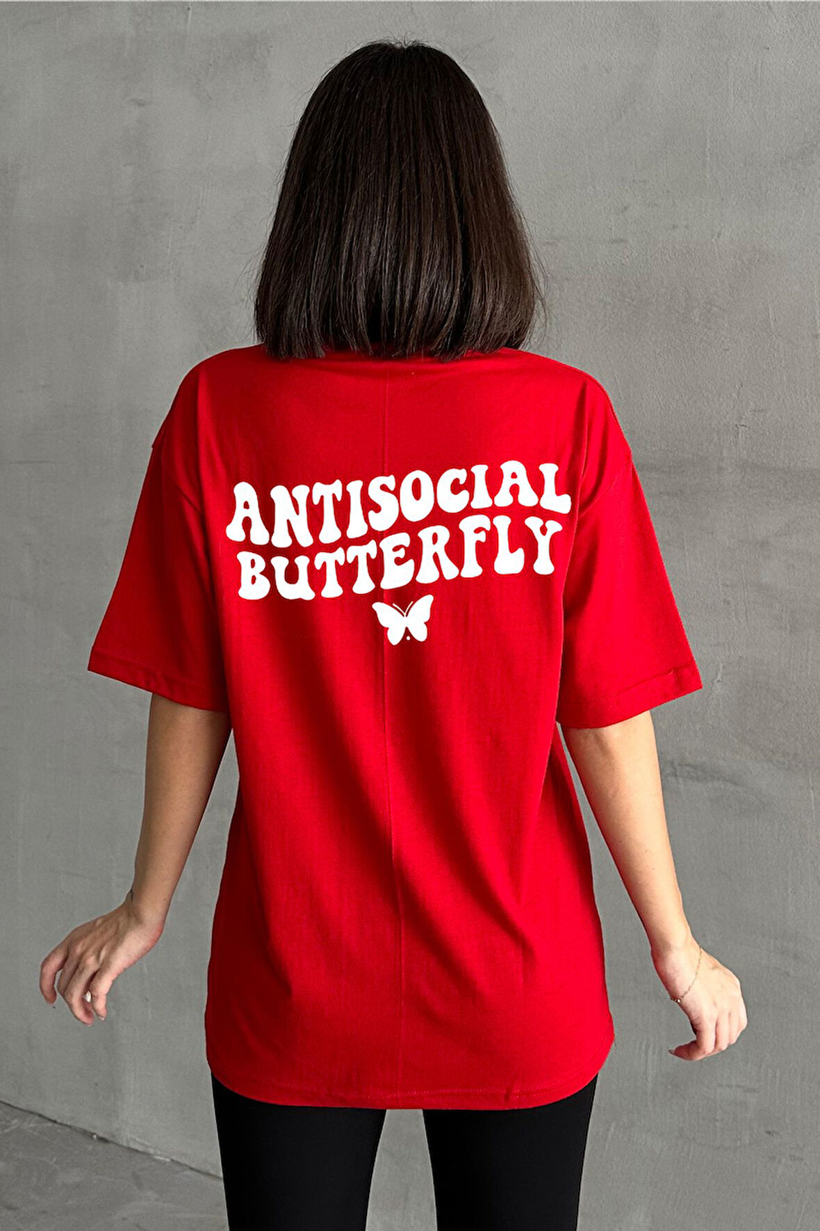 Kadın Antisocial Butterfly Baskılı Bisiklet Yaka Oversize T-Shirt