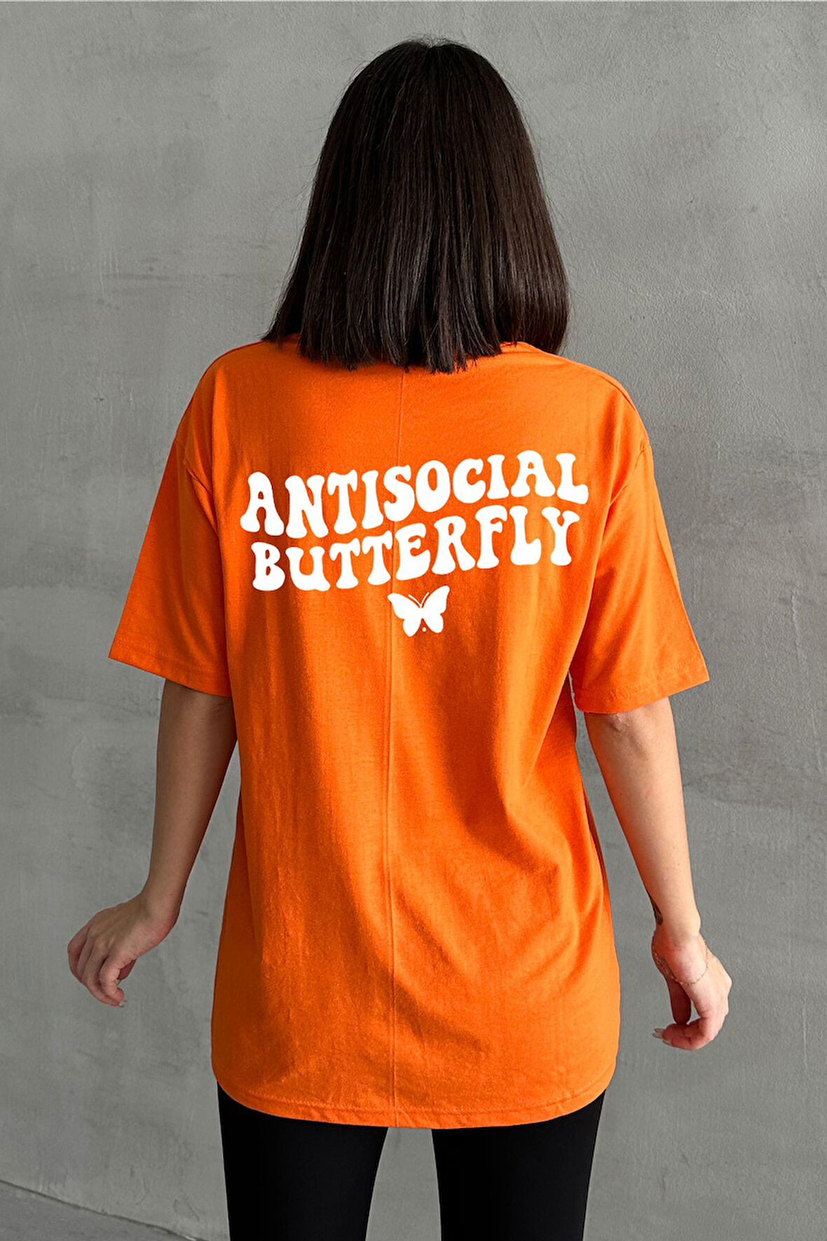 Kadın Antisocial Butterfly Baskılı Bisiklet Yaka Oversize T-Shirt