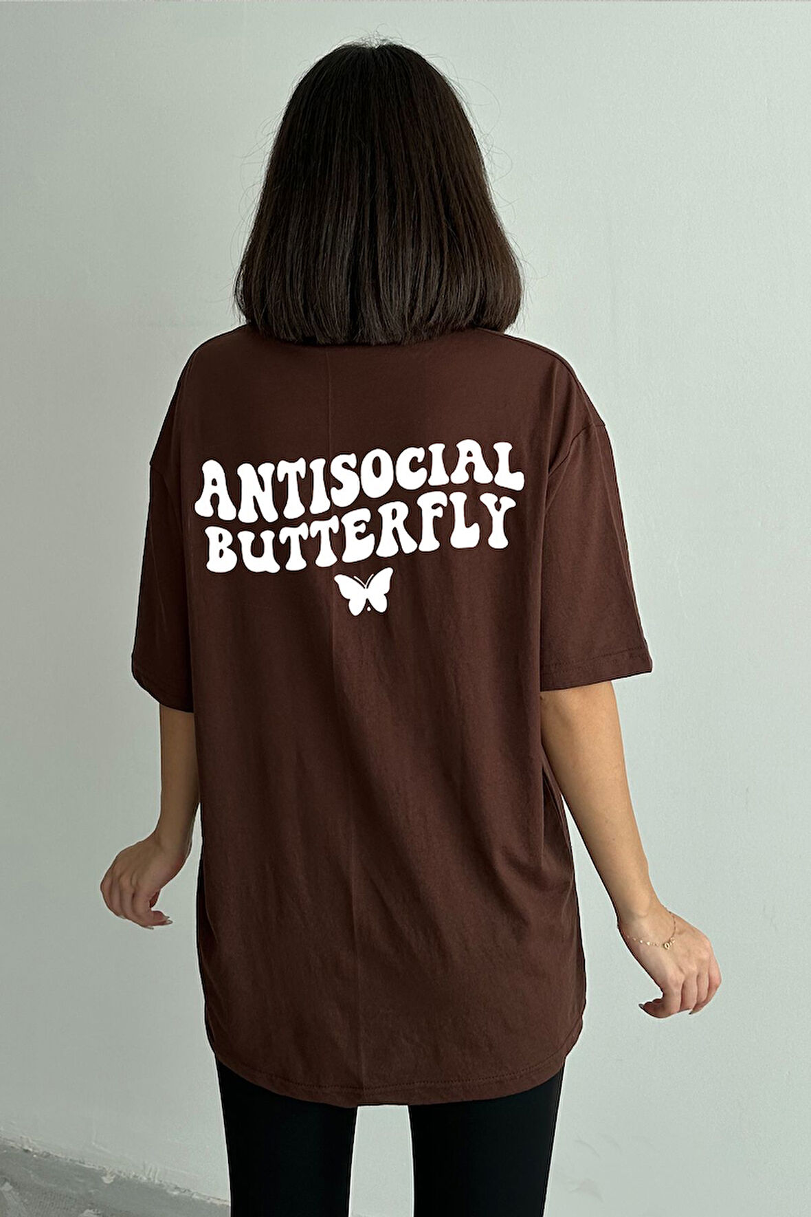 Kadın Antisocial Butterfly Baskılı Bisiklet Yaka Oversize T-Shirt