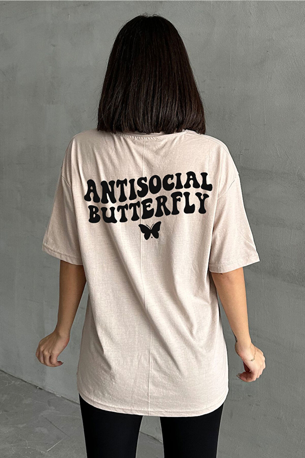 Kadın Antisocial Butterfly Baskılı Bisiklet Yaka Oversize T-Shirt