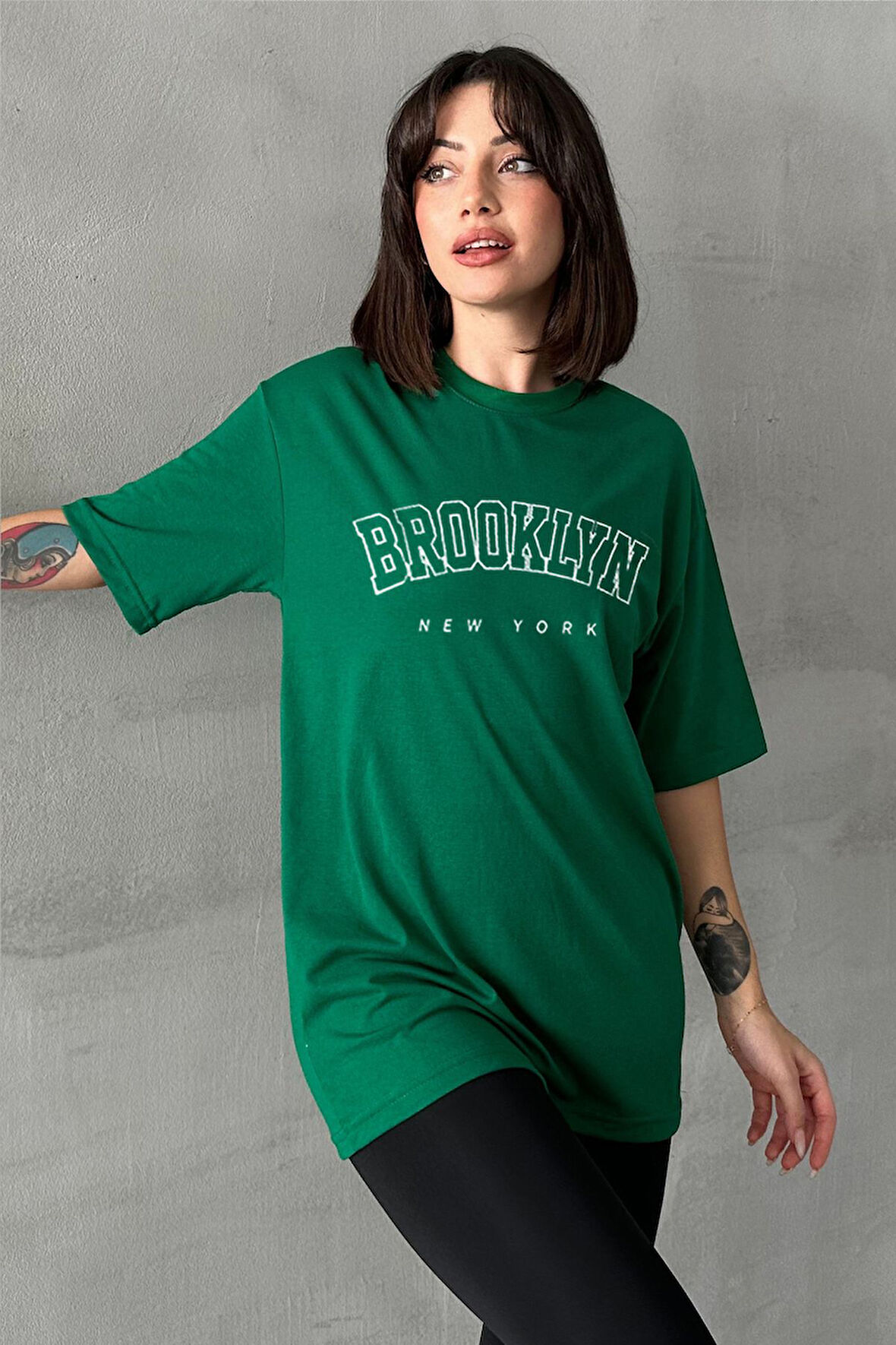 Kadın Brooklyn New York Baskılı Bisiklet Yaka Oversize T-Shirt