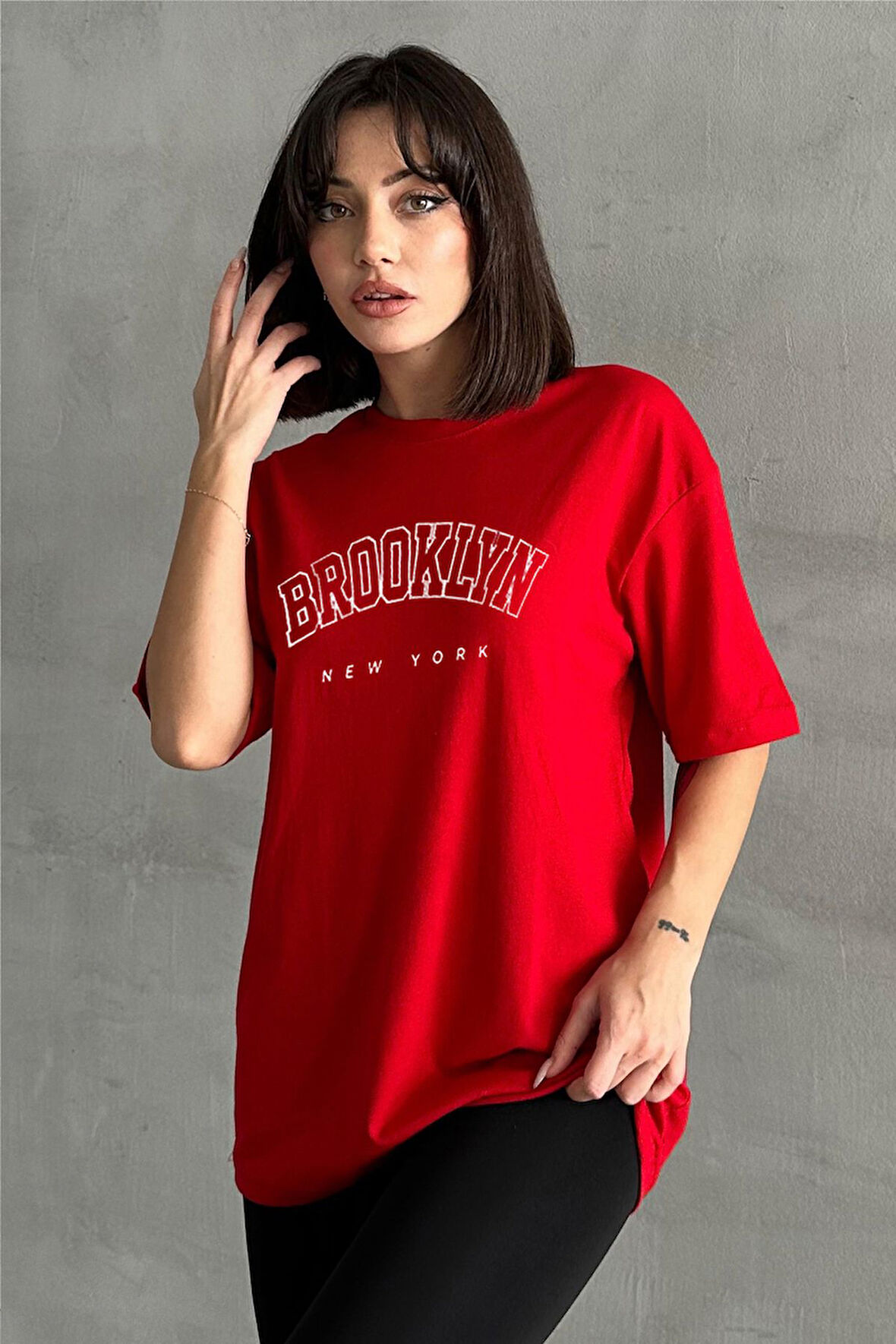 Kadın Brooklyn New York Baskılı Bisiklet Yaka Oversize T-Shirt