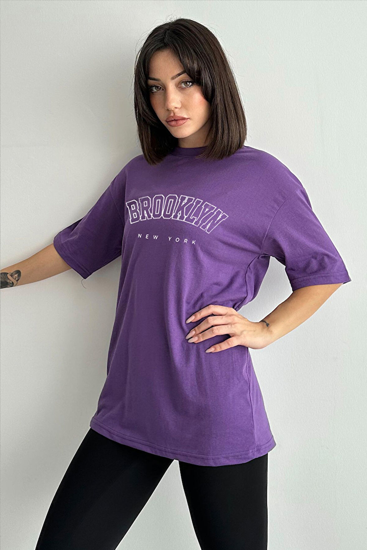 Kadın Brooklyn New York Baskılı Bisiklet Yaka Oversize T-Shirt
